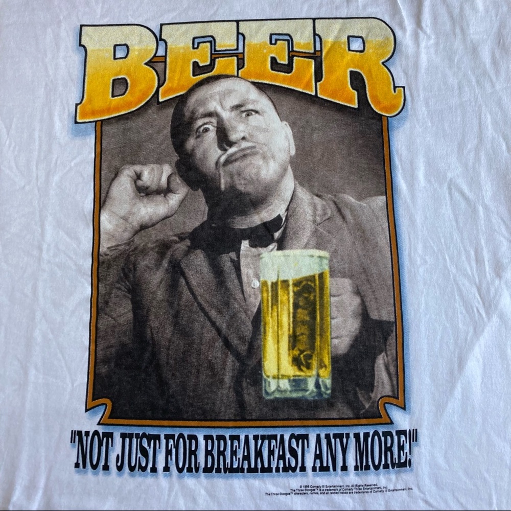 Vintage 90s The Three Stooges Curly BEER “NOT JUST FOR BREAKFAST ANY MORE” Tee